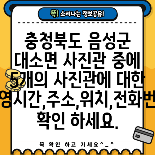 충청북도 음성군 대소면 사진관 중에 5개의 사진관에 대한 운영시간,주소,위치,전화번호 확인 하세요.