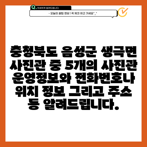 충청북도 음성군 생극면 사진관 중 5개의 사진관 운영정보와 전화번호나 위치 정보 그리고 주소 등 알려드립니다.