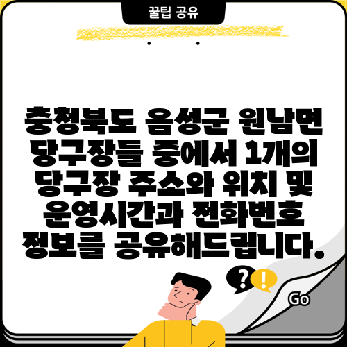 충청북도 음성군 원남면 당구장들 중에서 1개의 당구장 주소와 위치 및 운영시간과 전화번호 정보를 공유해드립니다.