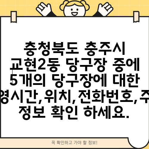 충청북도 충주시 교현2동 당구장 중에 5개의 당구장에 대한 운영시간,위치,전화번호,주소 정보 확인 하세요.