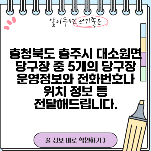 충청북도 충주시 대소원면 당구장 중 5개의 당구장 운영정보와 전화번호나 위치 정보 등 전달해드립니다.