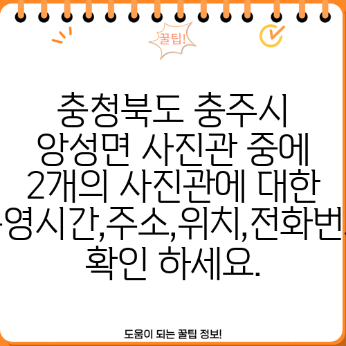 충청북도 충주시 앙성면 사진관 중에 2개의 사진관에 대한 운영시간,주소,위치,전화번호 확인 하세요.